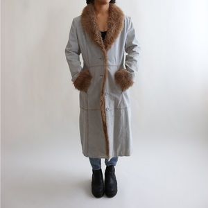 Vintage 90’s Penny Lane style blue suede leather jacket lined w/ brown faux fur